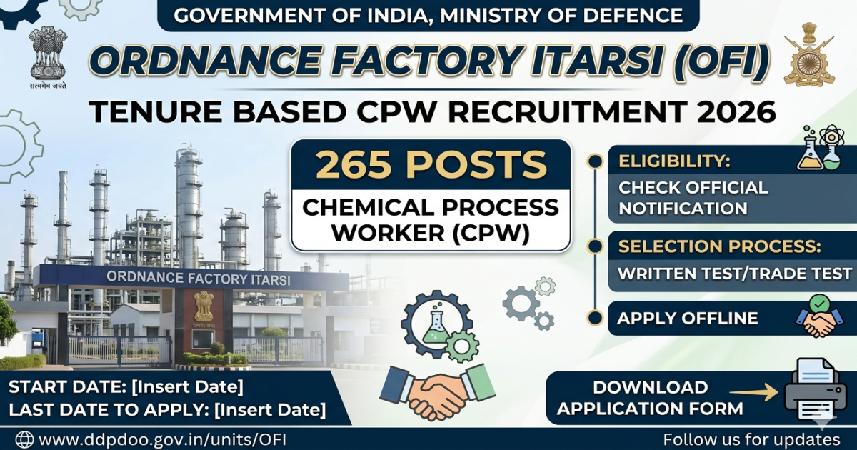 Ordnance Factory Itarsi CPW Recruitment 2026: Apply Offline for 265 Chemical Process Worker Posts – Eligibility, Age Limit & Selection Process