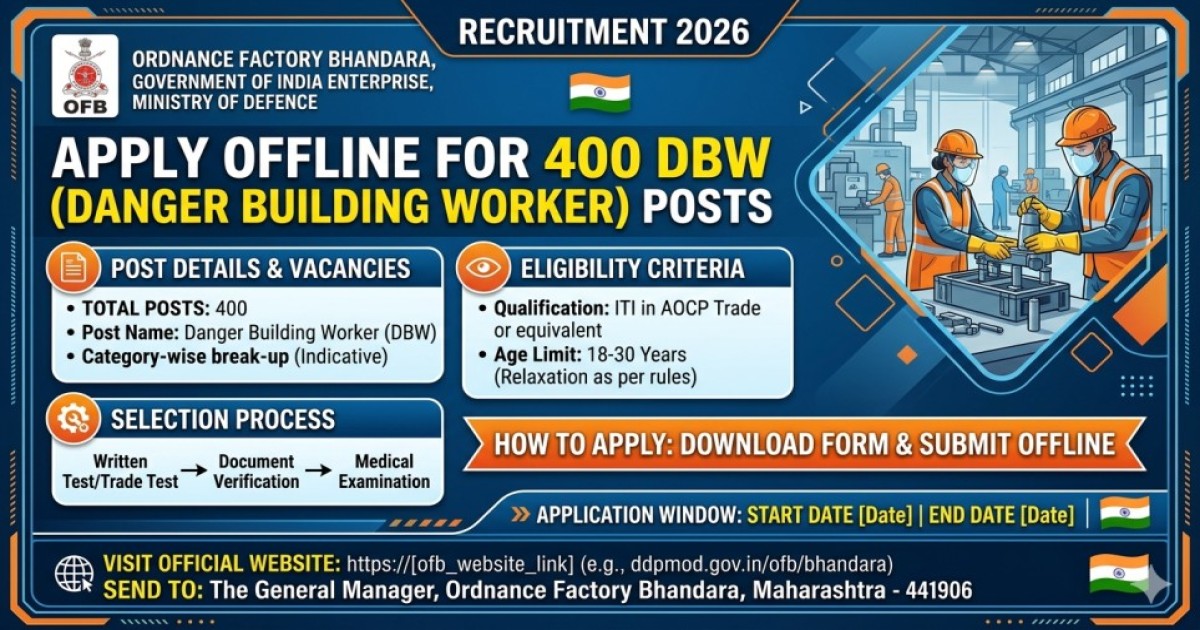 Ordnance Factory Bhandara Recruitment 2026: Apply Offline for 400 DBW (Danger Building Worker) Posts – Eligibility, Vacancy & Selection Process