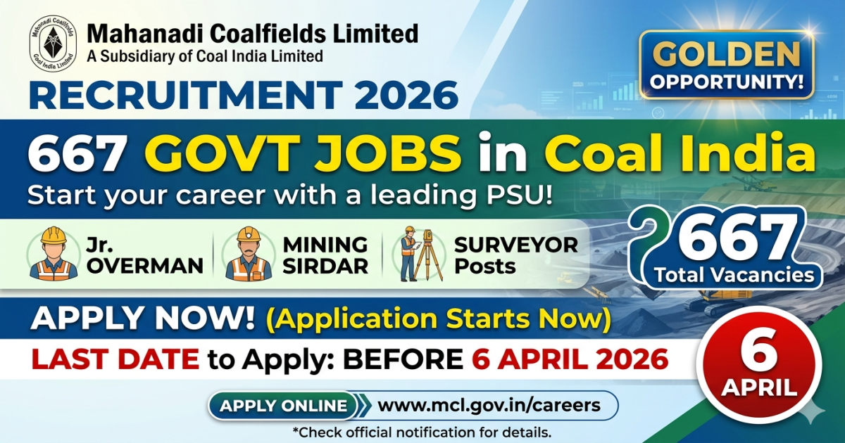MCL Recruitment 2026 – Apply Online for 667 Jr Overman, Mining Sirdar & Surveyor Posts | Coal India Jobs.