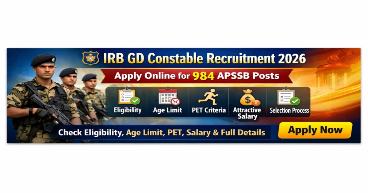 IRB GD Constable Recruitment 2026 (984 Posts) – Apply Online, Eligibility, Age Limit, PET, Salary & Full Details.