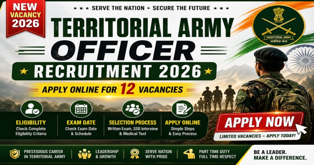 Territorial Army Officer Recruitment 2026 Apply Online for 12 Posts.