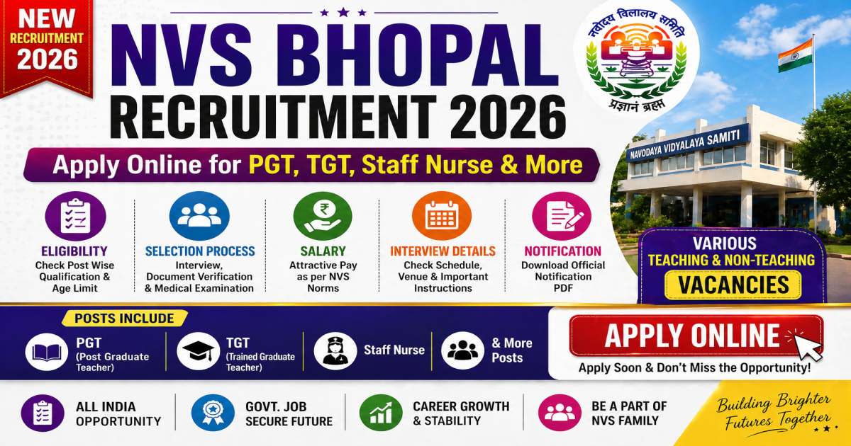 NVS Bhopal Recruitment 2026 Apply Online for PGT TGT Staff Nurse and More Posts. - Bihar Careers Recruitment Update