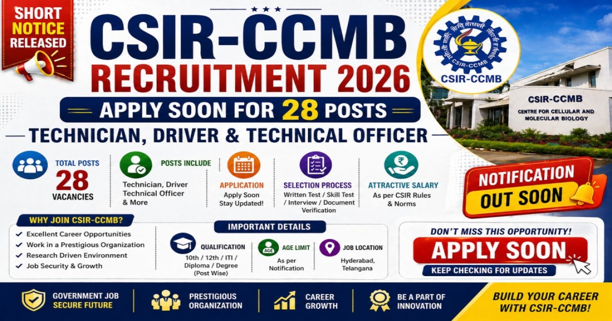 CSIR-CCMB Recruitment 2026 Apply Online for 28 Technician Driver Technical Officer Posts.