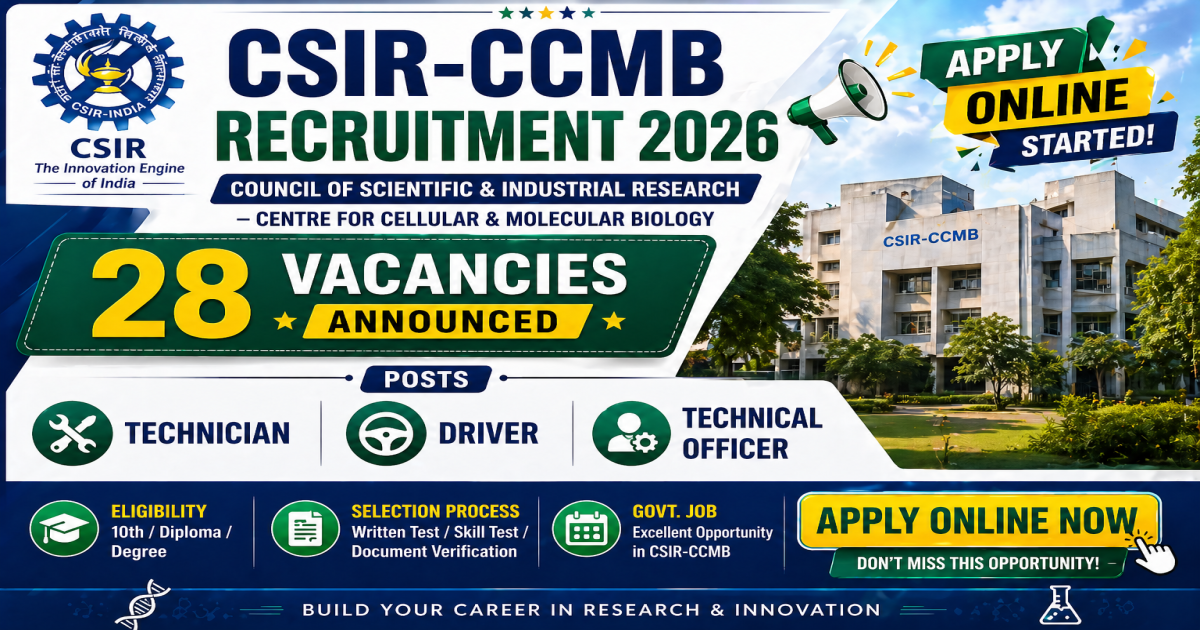 CSIR-CCMB Recruitment 2026 Apply Online for 28 Technician Driver Technical Officer Posts.